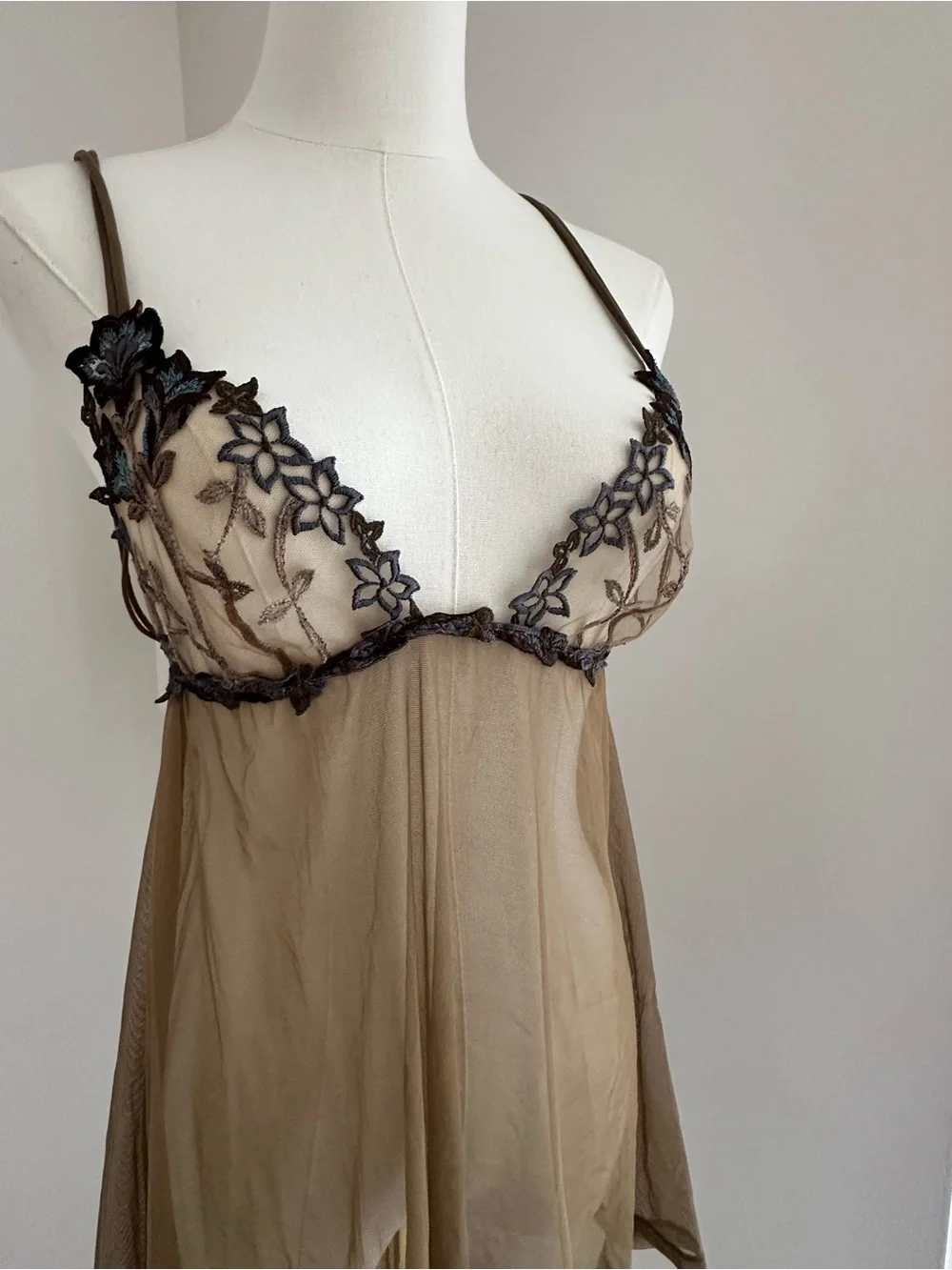 La Perla Taupe Sheer Mesh Embroidered top Chemise